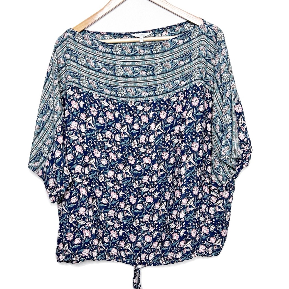 Lucky Brand Vintage Floral Navy Adjustable Tie Waist Hem Boxy Oversized Blouse